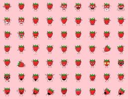 Set of cute strawberry cartoon character expressions. angry expression, thinking, crying, sad, confused, flat, happy, scared, shocked, dizzy, hopeless, sleeping. suitable for emoticon and mascot vector