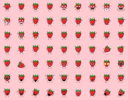 Set of cute strawberry cartoon character expressions. angry expression, thinking, crying, sad, confused, flat, happy, scared, shocked, dizzy, hopeless, sleeping. suitable for emoticon and mascot vector