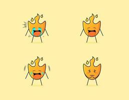 colección de lindos personajes de dibujos animados de fuego con expresión de llanto y tristeza. adecuado para icono, logotipo, símbolo y signo. como emoticono, pegatina, mascota o logotipo de elemento vector