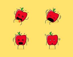 conjunto de lindo personaje de manzana roja con expresiones mareadas. adecuado para emoticonos, logotipos, símbolos y mascotas vector