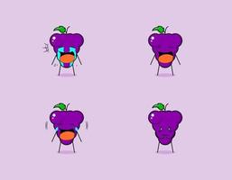 colección de lindo personaje de dibujos animados de uva con llanto y expresión triste. adecuado para emoticonos, logotipos, símbolos y mascotas. como emoticono, pegatina o logotipo de fruta vector