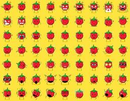 colección de lindos personajes de dibujos animados de tomate con expresión enojada, pensando, llorando, triste, confundido, plano, feliz, asustado, conmocionado, mareado, sin esperanza, durmiendo. adecuado para emoticonos y mascotas vector