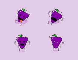 colección de lindo personaje de dibujos animados de uva con expresión mareada. adecuado para emoticonos, logotipos, símbolos y mascotas. como emoticono, pegatina o logotipo de fruta vector