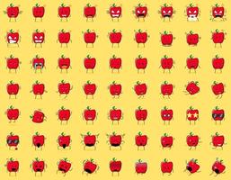 conjunto de lindo personaje de manzana roja con expresión enojada, pensando, llorando, triste, confundido, plano, feliz, asustado, conmocionado, mareado, sin esperanza, durmiendo. adecuado para emoticonos y mascotas vector