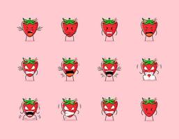 conjunto de lindo personaje de dibujos animados de fresa con expresión enojada. adecuado para emoticonos, logotipos, símbolos y mascotas vector
