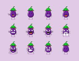 collection of cute eggplant cartoon character with angry expression. suitable for emoticon, logo, symbol and mascot. such as emoticon, sticker or vegetable logo vector