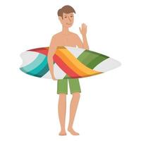 un chico con una tabla de surf en sus manos. imágenes prediseñadas de garabatos planos. Todos los objetos están repintados. vector