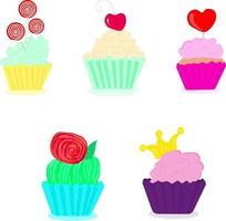 Set of hand-drawn sweet cupcakes decorated with candies, cherries, hearts, crowns and flowers. No diet day. Vector, Illustration. vector