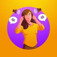 a woman with both hands covering their ears to protect them from uncomfortable, loud and disturbing sounds vector