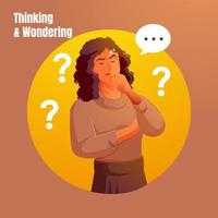 a woman thinks and asks with a speech bubble symbol