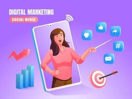 a woman explains about digital marketing social media with social media logos and graphic diagrams vector