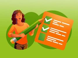 a woman holding a pencil on a checklist complete with a check mark goal concept vector