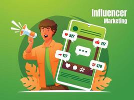 a man screaming with megaphone and smartphone influencer marketing concept vector