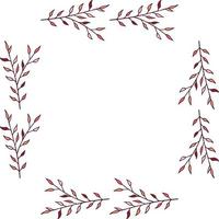 Square with horizontal red and pink leaves on a branch. Vector on white background for your design.