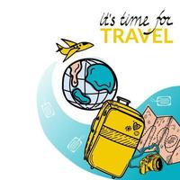 Time to travel. Motivational headline. Travel banner with cartoon suitcase, map, luggage tags and camera. Flying airplane around the earth. Vector illustration in flat design. Family travel