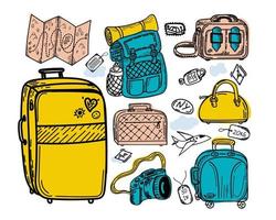 conjunto de diferentes tipos de equipaje, dibujado a mano en estilo boceto. ilustración vectorial maleta grande y pequeña, mochila, bolso pequeño, equipaje de mano, valija, etiquetas. mapa. cámara. avión. bosquejo vector