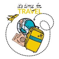 Time to Travel. Motivational header. Travel banner with cartoon suitcase, passports and luggage. Flying plane around the Earth. Vector illustration in flat design. Family Travel