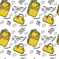 Seamless pattern of different kinds of luggage, hand-drawn in sketch style. Vector illustration. Large suitcase and hand luggage, valise, tags. Airplane and clouds