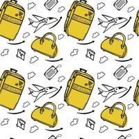 Seamless pattern of different kinds of luggage, hand-drawn in sketch style. Vector illustration. Large suitcase and hand luggage, valise, tags. Airplane and clouds