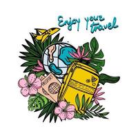 Enjoy your journey. Motivational header. Travel banner with cartoon suitcase, passports and tropical flowers and leaves. Flying airplane around the Earth. Vector illustration in flat design