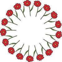 Round frame made of red flowers. Romantic wreath on white background for your design vector