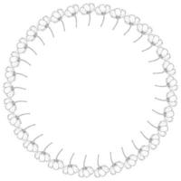 Round frame with little vertical black-and-white cosmos flowers on white background. Isolated floral frame for your design. Vector image.