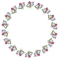 Round frame with horizontal blue flowers forget-me-not and pink tulips on white background. Vector image.