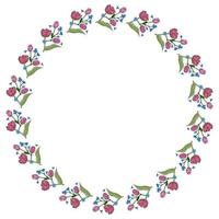 Round frame with horizontal blue flowers forget-me-not and pink tulips on white background. Vector image.