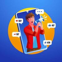 concepto de redes sociales de marketing digital con hombre gritando con megáfono y logotipo de redes sociales vector
