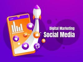 marketing en redes sociales con teléfono inteligente y cohete vector
