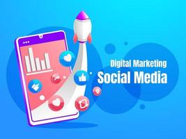 marketing en redes sociales con teléfono inteligente y cohete vector