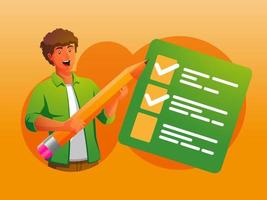 a man holding a pencil on a checklist complete with a check mark goal concept vector