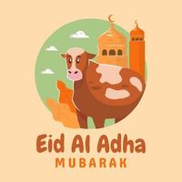 Cow and mosque happy Eid al Adha concept vector