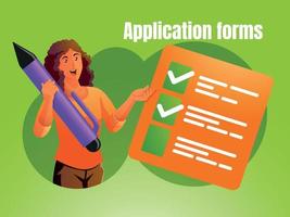 a woman holding a pen application forms concept vector