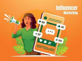 a woman screaming with megaphone and smartphone influencer marketing concept vector