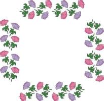Square frame made of violet and pink anemones. Flowers on white background for your design vector