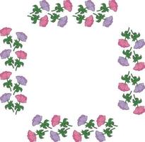 Square frame made of violet and pink anemones. Flowers on white background for your design vector