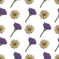 Seamless pattern with yellow and violet flowers on white background. Vector image.