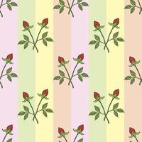 Seamless pattern with red rose buds on pastel multicolored background. Vector image.