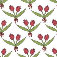 Seamless pattern with creative bright pink tulips on white background. Vector image. Beautiful flowers.