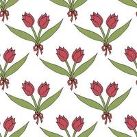 Seamless pattern with creative bright pink tulips on white background. Vector image. Beautiful flowers.