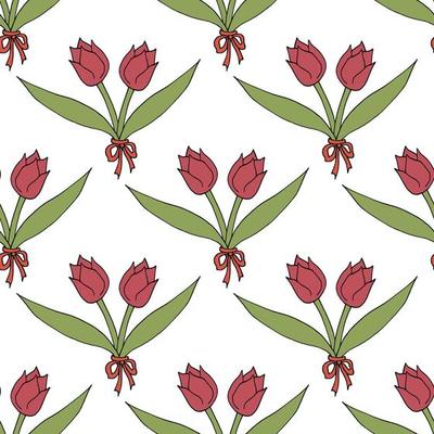 Seamless pattern with creative bright pink tulips on white background. Vector image. Beautiful flowers.