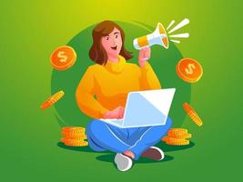 a woman holding megaphone loudspeaker with laptop making a lot of money vector
