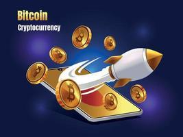 bitcoin cryptocurrency with rocket booster and smartphone vector