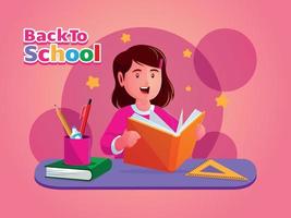 a little girl reading a back to school book vector