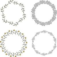 Four round frames made of green branches and decorative elements. Wreaths on white background for your design vector
