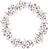 Round frame made of flowers and herbs. Romantic floral wreath on white background. Festive floral circle for your design vector