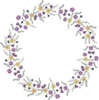 Round frame made of flowers and herbs. Romantic floral wreath on white background. Festive floral circle for your design vector