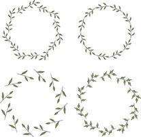 Four round frames made of green branches with leaves. Wreaths on white background for your design vector