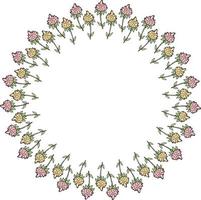 Round frame made of pink and yellow flower doodles. Romantic wreath on white background for your design. vector